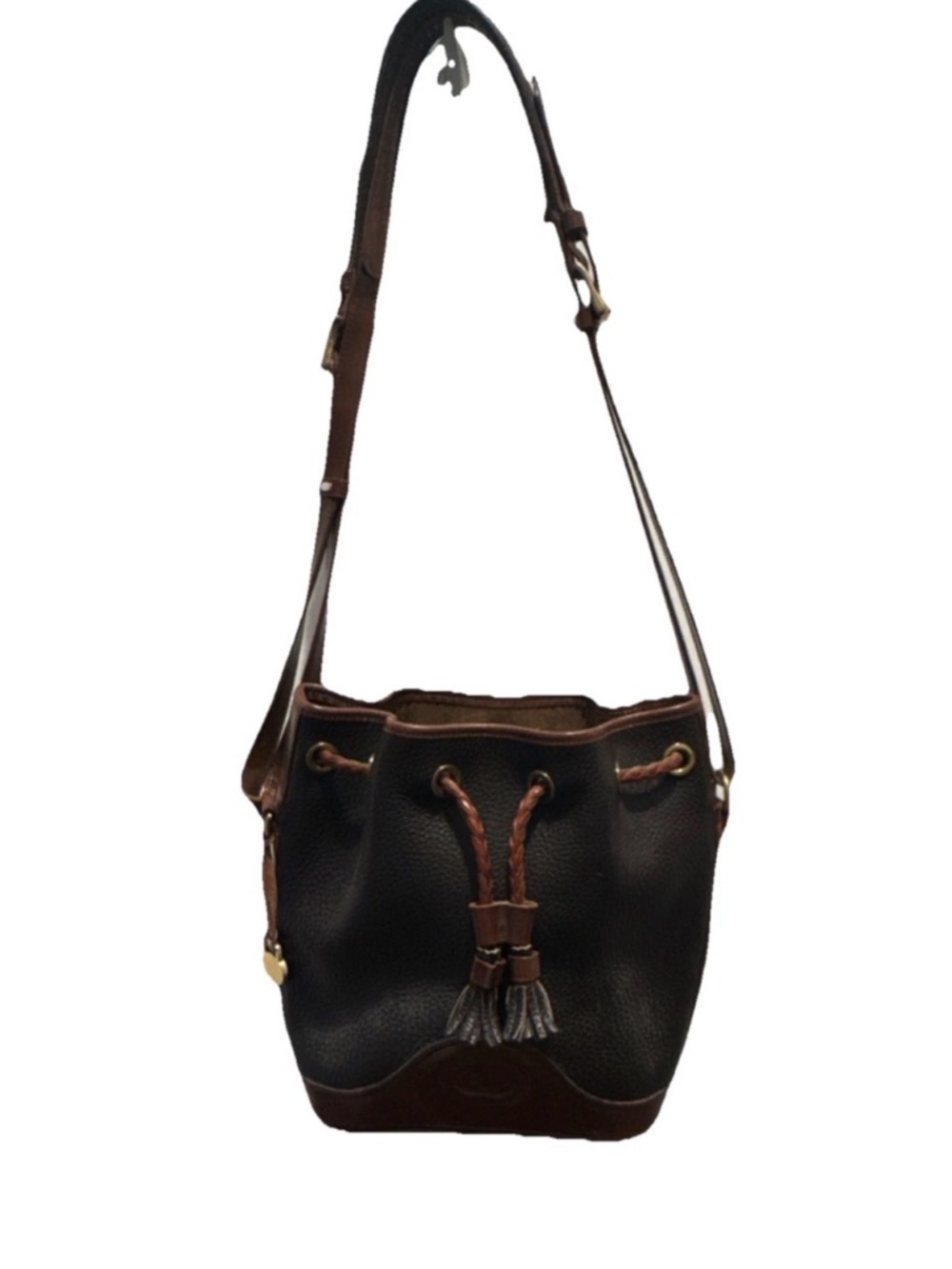 Dooney & Bourke Black and Brown Leather Drawstring Bucket Bag